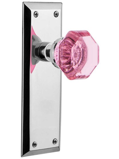 New York Door Set with Colored Waldorf Crystal Glass Knobs Pink in Polished Chrome.